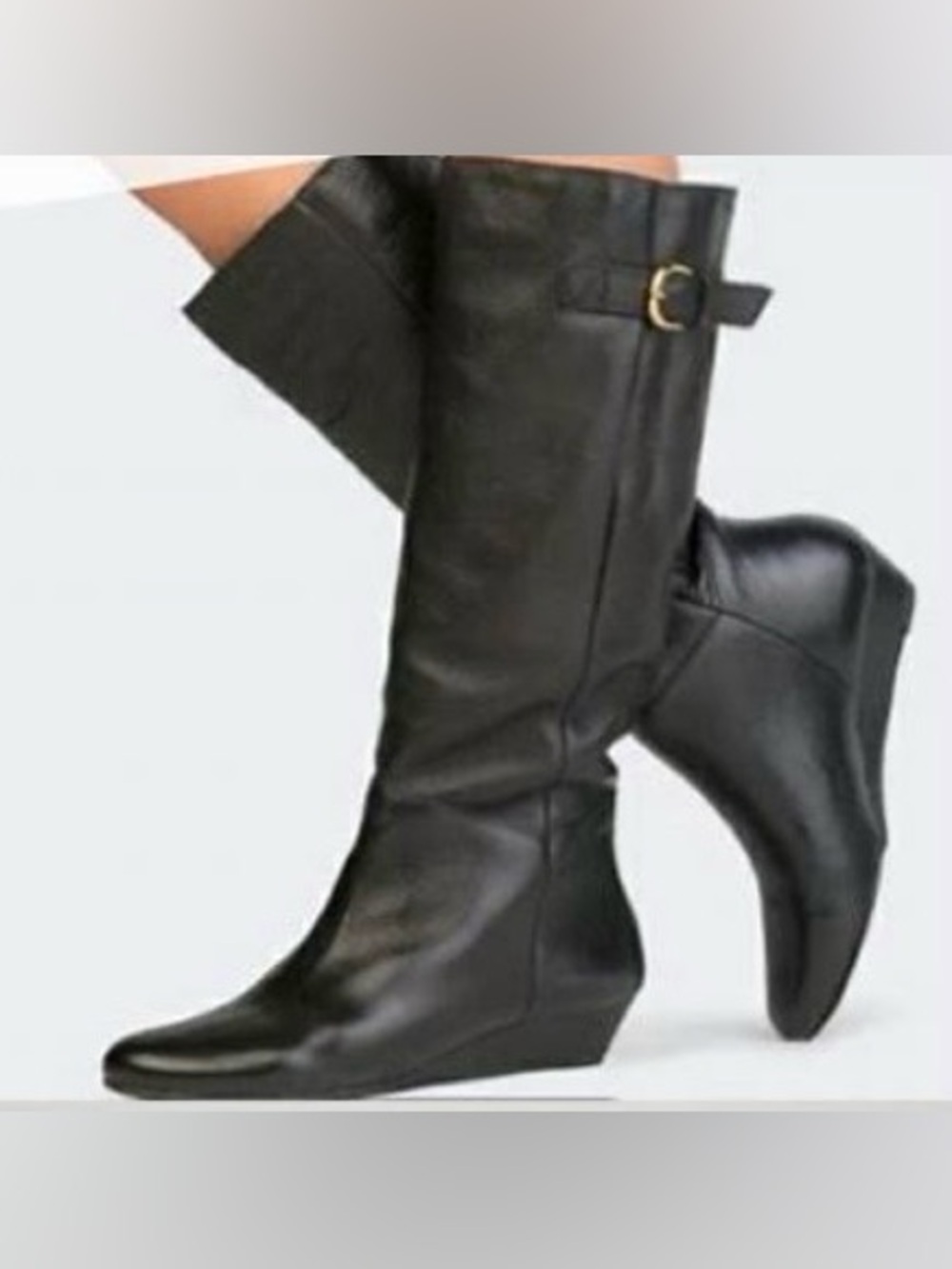 Steven By Steve Madden Black Knee-High Wedge Boots with Buckle Sz 6.5